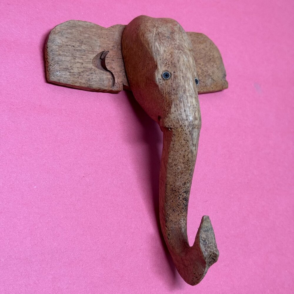 Vintage Hardcarved Wood Elephant Wall Hook Hanger